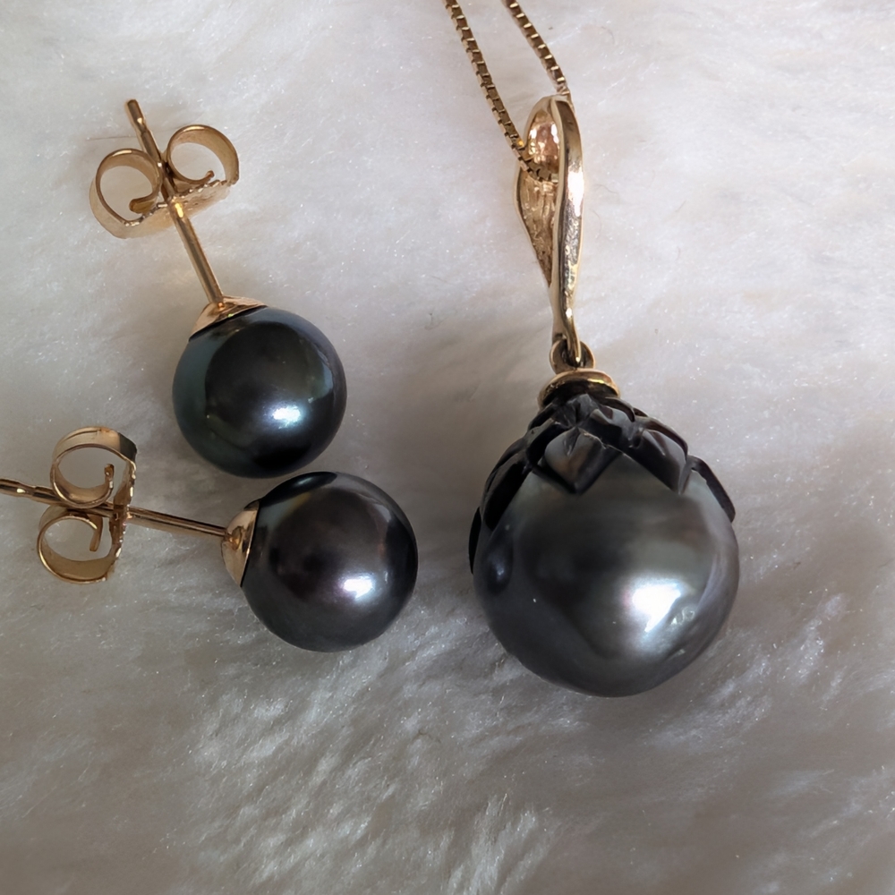 14K Gold Tahitian Pearl Necklace & Stud Earrings Set Black Pearl 7mm | 10mm